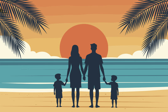Silhouette of a family of four holding hands on a tropical beach during a beautiful sunset.
