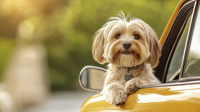 Cute dog sitting in driver seat of car, enjoying view with happy expression