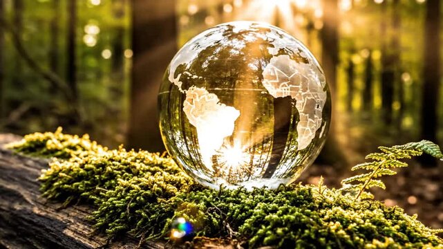 Crystal globe with world map resting on green moss in a sunlit forest during golden hour