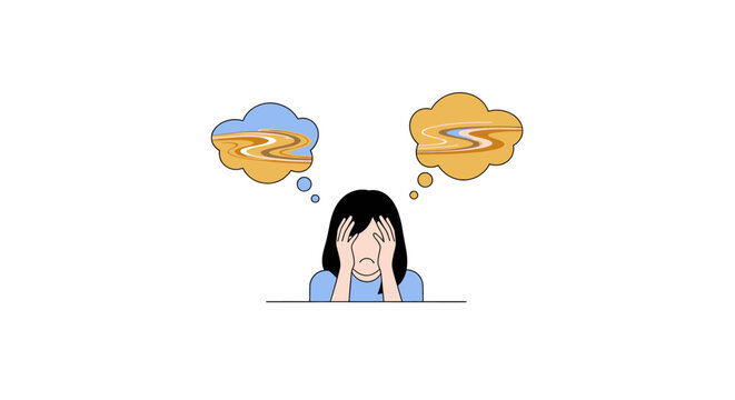 A distressed person contemplating two difficult paths or choices, represented by wavy golden lines in thought bubbles.