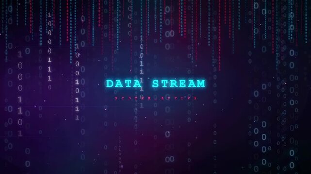 Abstract Digital Data Stream with Binary Code Falling on Dark Purple Futuristic Background