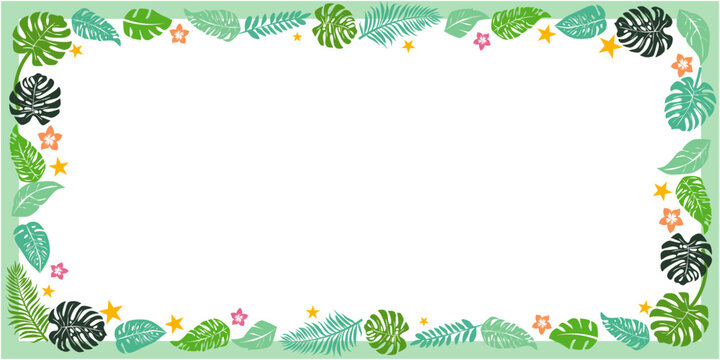 Summer plant frame decoration with tropical leaves and flowers. Summer time, Summer vacation illustration.