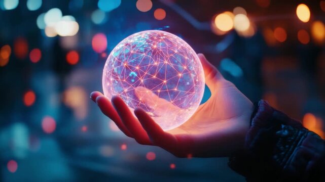 Illuminated Digital Sphere in Hand Representing Innovation and Technology Trends in a Futuristic City Environment for Marketing and Commercial Use. Generative AI
