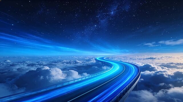High altitude starry sky with winding glowing tracks above rolling clouds
