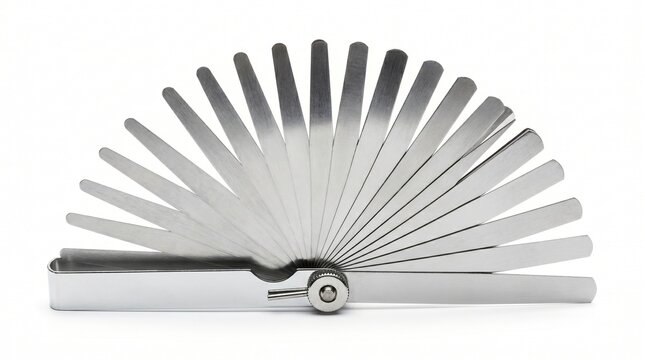 Precision feeler gauge set measurement tool isolated on white background industrial accuracy
