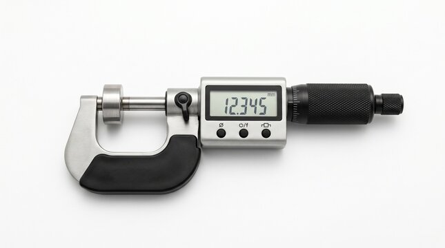 Precision measurement with digital micrometer tool isolated on white background