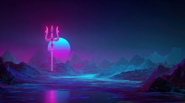 Neon trident over fantasy landscape with mountains and colorful sunset backdrop