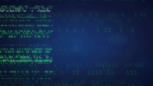 Abstract Digital Data Stream with Binary Code Numbers Flowing on Dark Blue Background