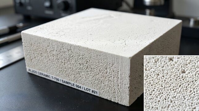 Industrial alumina ceramic sample block, white porous refractory material for laboratory testing, technical ceramic insulation specimen in research lab