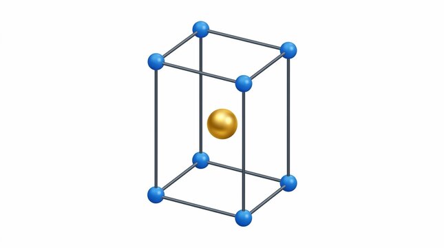 3D render of a body centered tetragonal crystal lattice structure with blue corner atoms and a central gold atom.