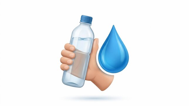 3D render of a hand holding a clear plastic water bottle with a blue water drop icon.