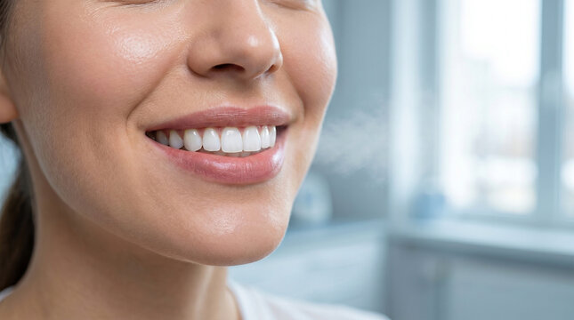 Woman smiling with white teeth and fresh breath represents oral health care hygiene dental treatment and wellbeing.
