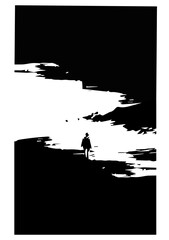 Obraz premium Minimalist silhouette, abstract landscape, black and white, vector illustration, dramatic scenery