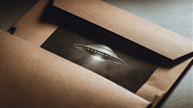 Declassified secret file containing photograph of unidentified flying object. Government document revealing alien spaceship in space. Conspiracy theory, ufology and extraterrestrial life evidence.