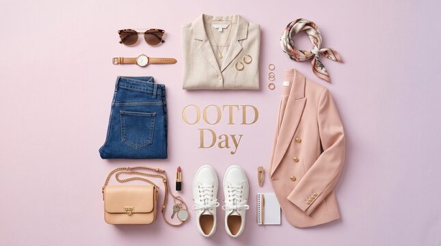 Fashion outfit, OOTD flat lay, stylish clothing, accessories, pink background