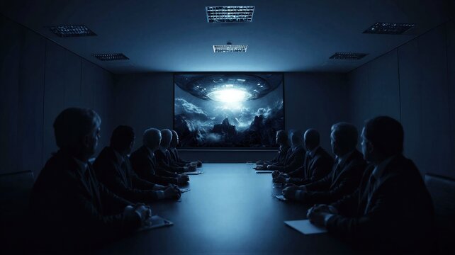 Government officials sitting in dark boardroom watching projection of ufo above mountains. Declassification of extraterrestrial files and secret military briefing concept. Mystery event.