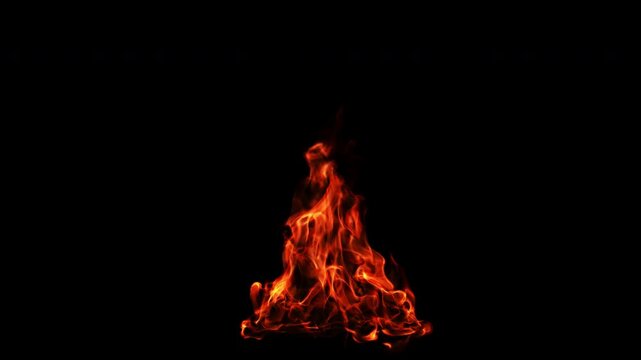 Cinematic realistic bonfire flame animation rising up, bright fiery tongues isolated on transparent background 4K