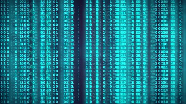 Abstract digital binary code streaming background with glowing blue data flowing vertically for technology concepts