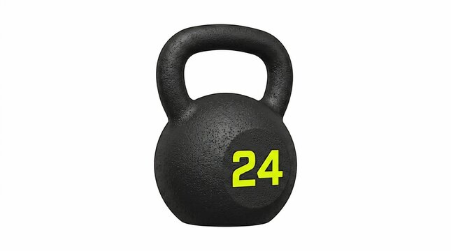 Black cast iron kettlebell with 24 kg weight mark.