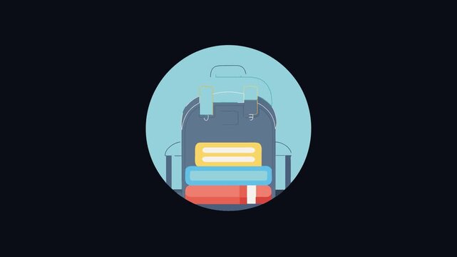 Stylized backpack icon with books against round background