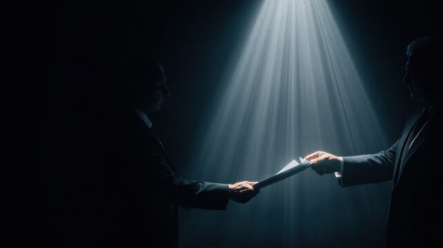 Man in suit handing over confidential document to another man. Government official revealing classified ufo file. Secret meeting in dark room with dramatic light. Conspiracy theory concept.