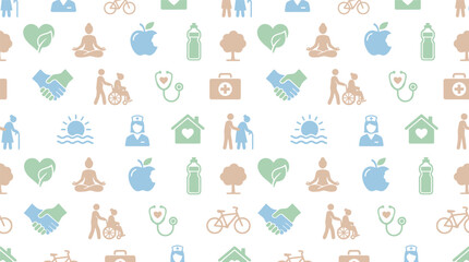 Pastel color pattern with assorted miniature icons representing hobbies and activities. © pixel*