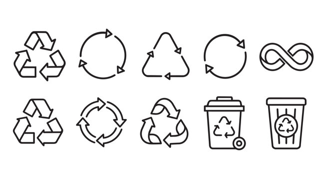 Recycling and Sustainability Outline Icons Set on White Background