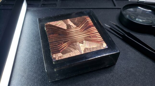 Square semiconductor die cross section with tweezers and magnifier in lab setting