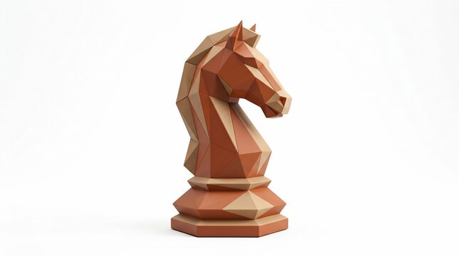 Low poly wooden chess knight horse piece on white background.