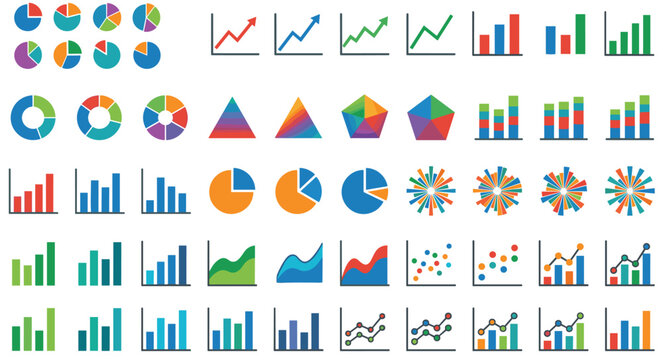 Colorful data visualization icons including pie charts, bar graphs, scatter plots, radar charts, and pyramid diagrams for analytics
