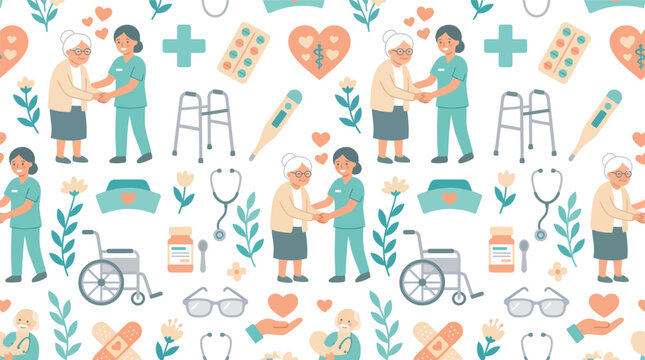 Colorful healthcare and caregiving scene pattern featuring doctors nurses patients and medical icons.