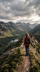 Fototapeta premium Hiking on a Mountain Ridge with Dramatic Clouds