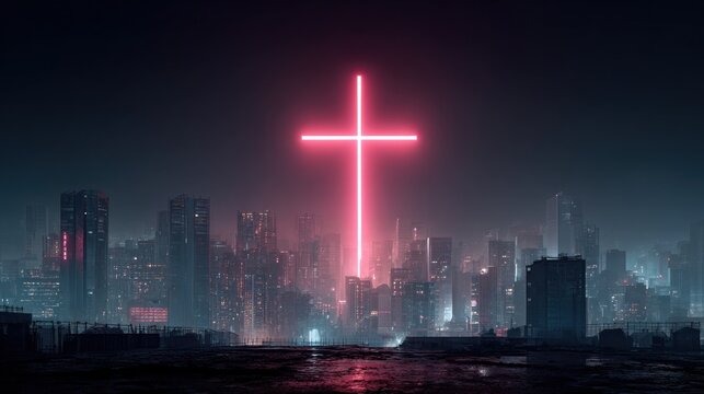 Neon cross illuminates cityscape at night modern graphic illustration
