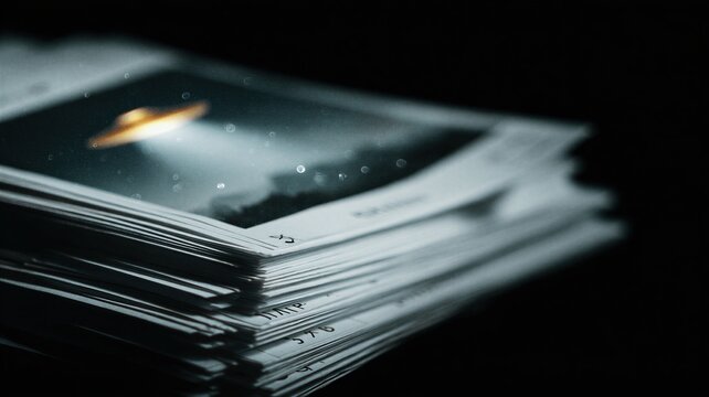 Stack of printed documents featuring a glowing ufo. Declassified government files containing evidence of extraterrestrial life. Secret investigation report on unidentified objects.