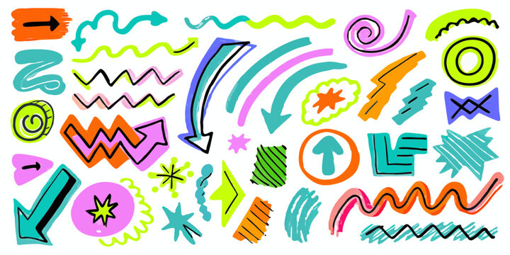 Assorted Arrows And Swirls Colorful Vector Illustration On Black