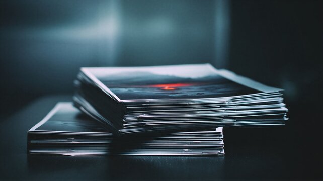 Stack of printed photographs showing sunset landscape. Declassified government documentation of unidentified flying object investigation. Secret space exploration evidence, mystery concept.