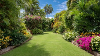 Obraz premium Lush Tropical Garden with Vibrant Flowers, Ferns, and Palm Trees Under Blue Sky, Inviting Serenity and Natural Beauty in a Colorful Landscape