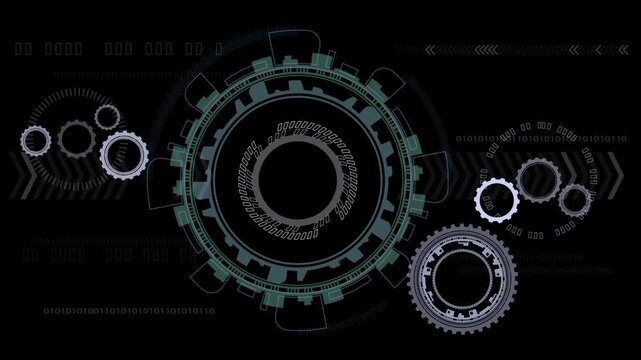 Abstract futuristic display HUD animation featuring a rotating digital circular interface with binary code and circuit board elements.