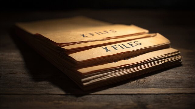 Stack of manila envelopes titled X-files on dark wooden table. Declassification of secret government documents and research of ufo reports. Extraterrestrial investigation conspiracy.
