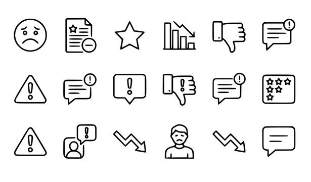Negative feedback icons set reviews complaints errors and disappointment visual elements for user experience design