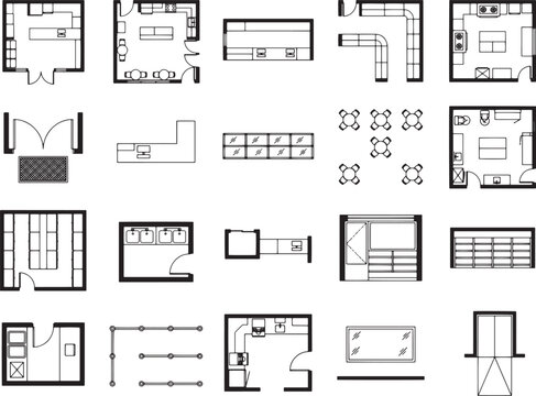 A collection of blueprint floor plan elements and furniture icons, showcasing kitchen layouts, office desk arrangements, and seating plans, ideal for architectural and interior design projects.