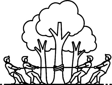 Teamwork illustration with people bending young trees together.