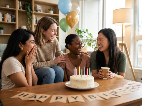 Joyful Best Friends Sharing Birthday Cake Surprise - True Friendship Celebration