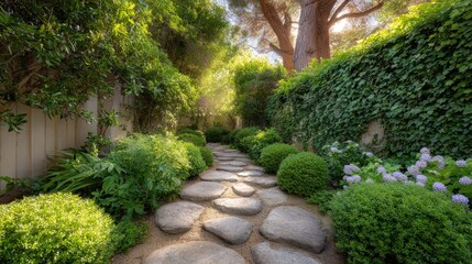 Obraz premium Tranquil Garden Pathway Surrounded by Lush Greenery and Colorful Blooms in a Sunlit Natural Setting