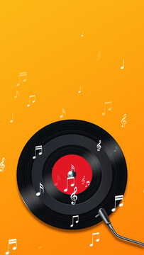retro gramaphone disc with music notes on yellow , retro party musical nightclub party vertical social media background