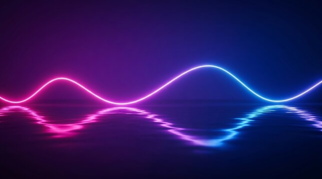 Neon pink and blue wave on water, glowing sine curve reflection, futuristic digital motion design, vibrant neon symmetry