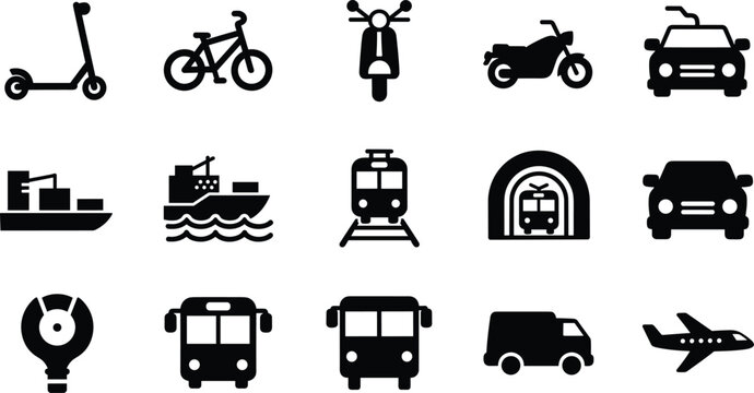Public and private urban transportation icons collection featuring motor vehicles train boat aircraft set.