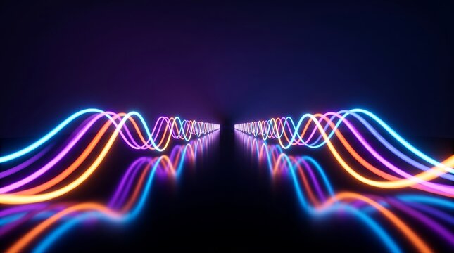 Vibrant neon wave patterns in symmetry, glowing multicolor light trails, futuristic