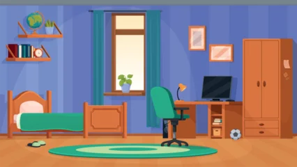 Teen boy bedroom interior. Teenager room with bed, computer zone for game and study, cabinet. Cartoon young boys zone for life and hobby, sapid vector scene © MicroOne