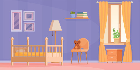 Fototapeta premium Nursery room interior. Empty newborn baby area with bed, chair, lamp, bear toy. Zone for future toddler in unisex color. Cozy furniture, sapid vector illustration